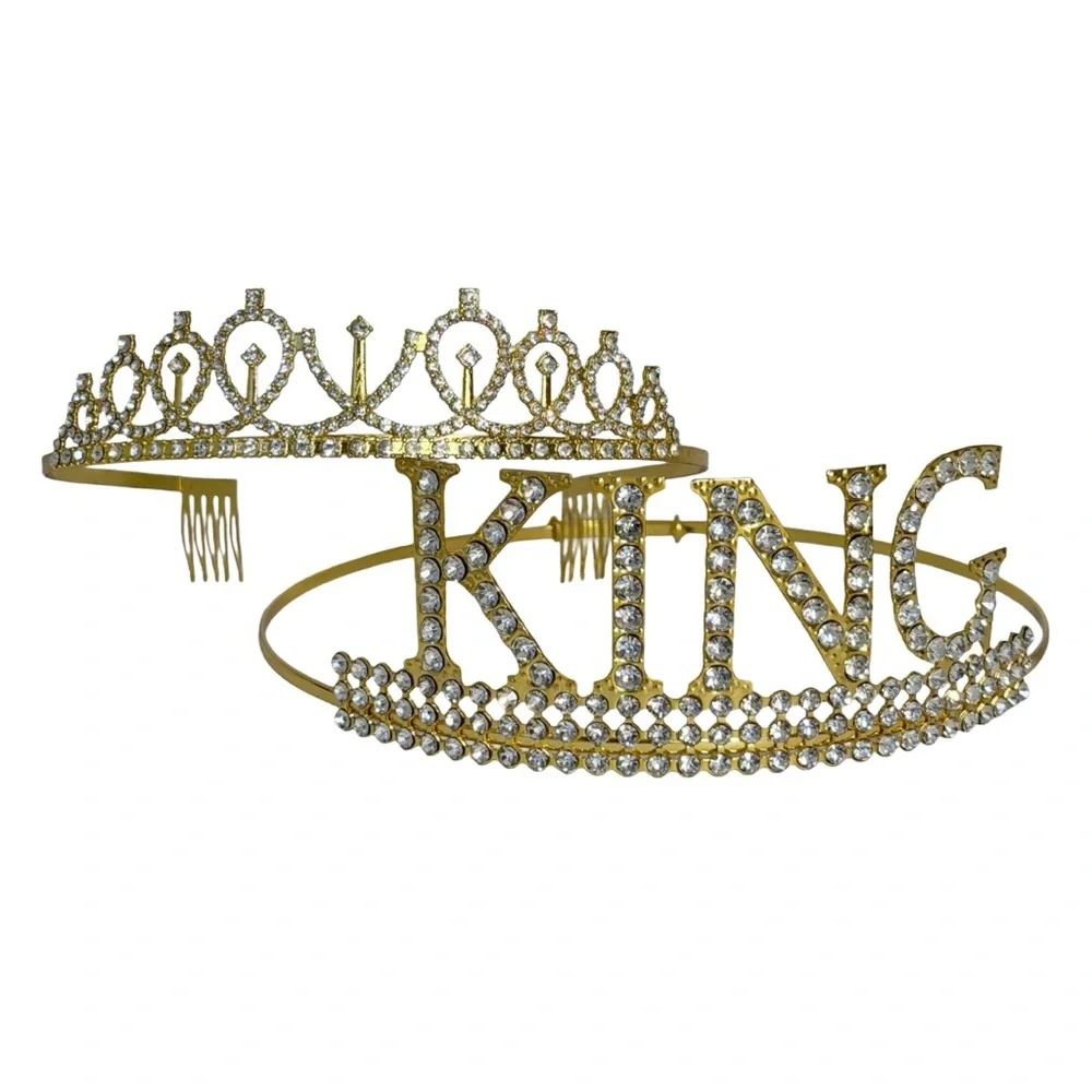 Birthday King and Queen Sash Set | Gold Tiara & Crown Black Glitter Sashes Adult